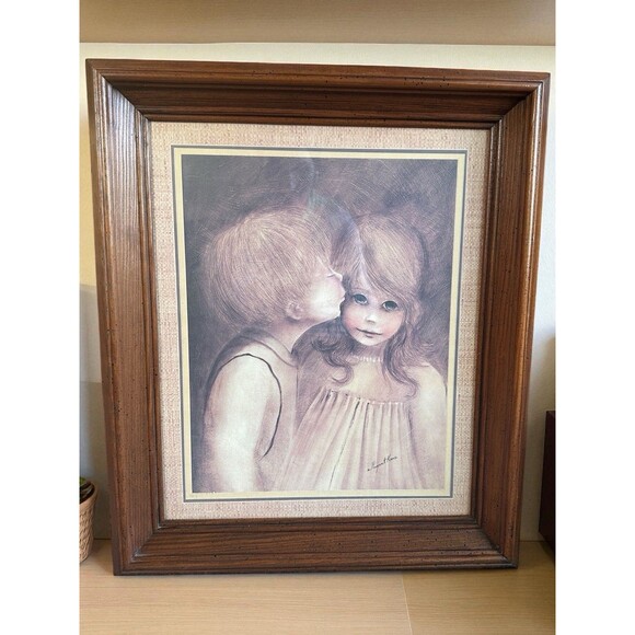 Margaret Keane A Little Kiss Big Eyes Boy Girl Framed MCM Vintage Art - Picture 4 of 16